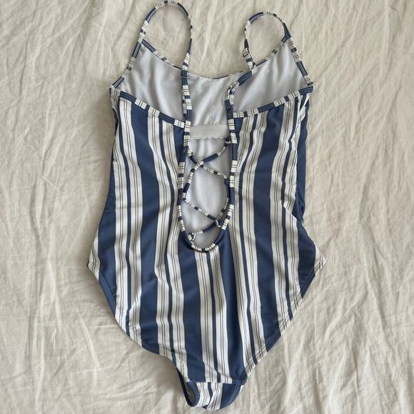 BEACH BABE AUSTRALIA Striped White & Blue One Piece Swimsuit Size 8 - Picture 2 of 8
